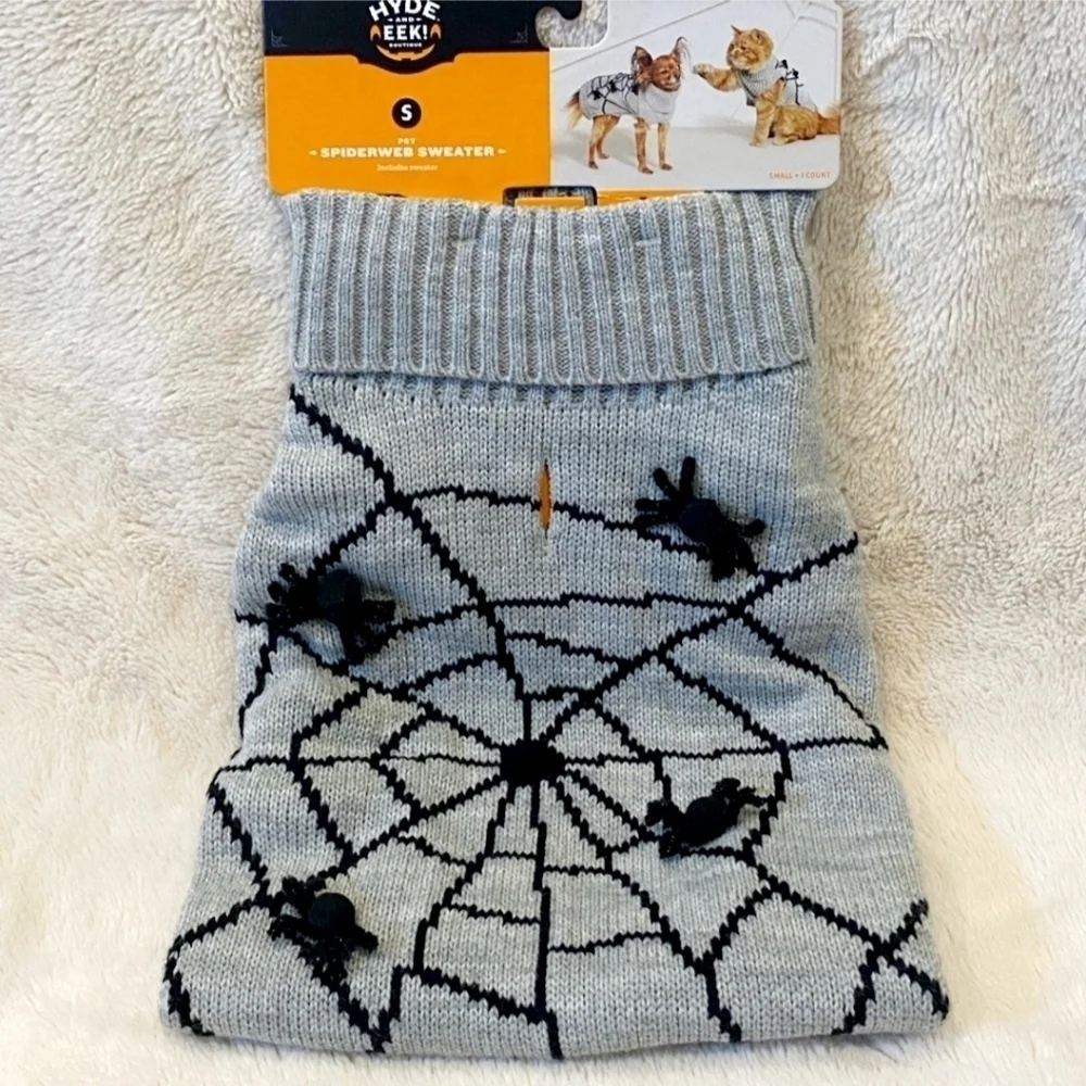 Hyde and Eek! Pet Spiderweb Grey Knit Sweater Halloween Fall October 3D Spiders